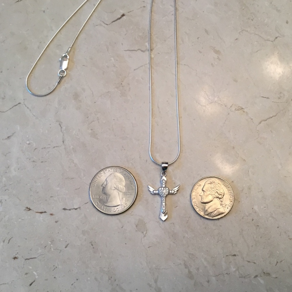Sterling Silver Cz Cross with Angel Wings Necklace - Picture 11 of 16